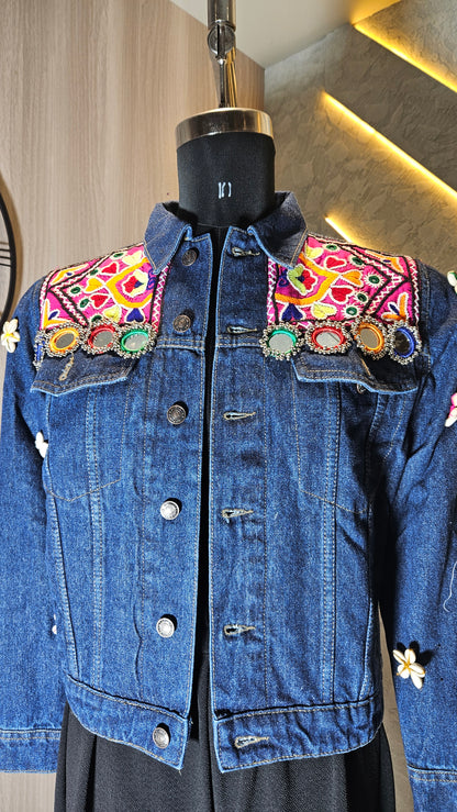 0158-J-HOB-Boho Chic Embroidered Denim Jacket with Mirror Work - Made in India