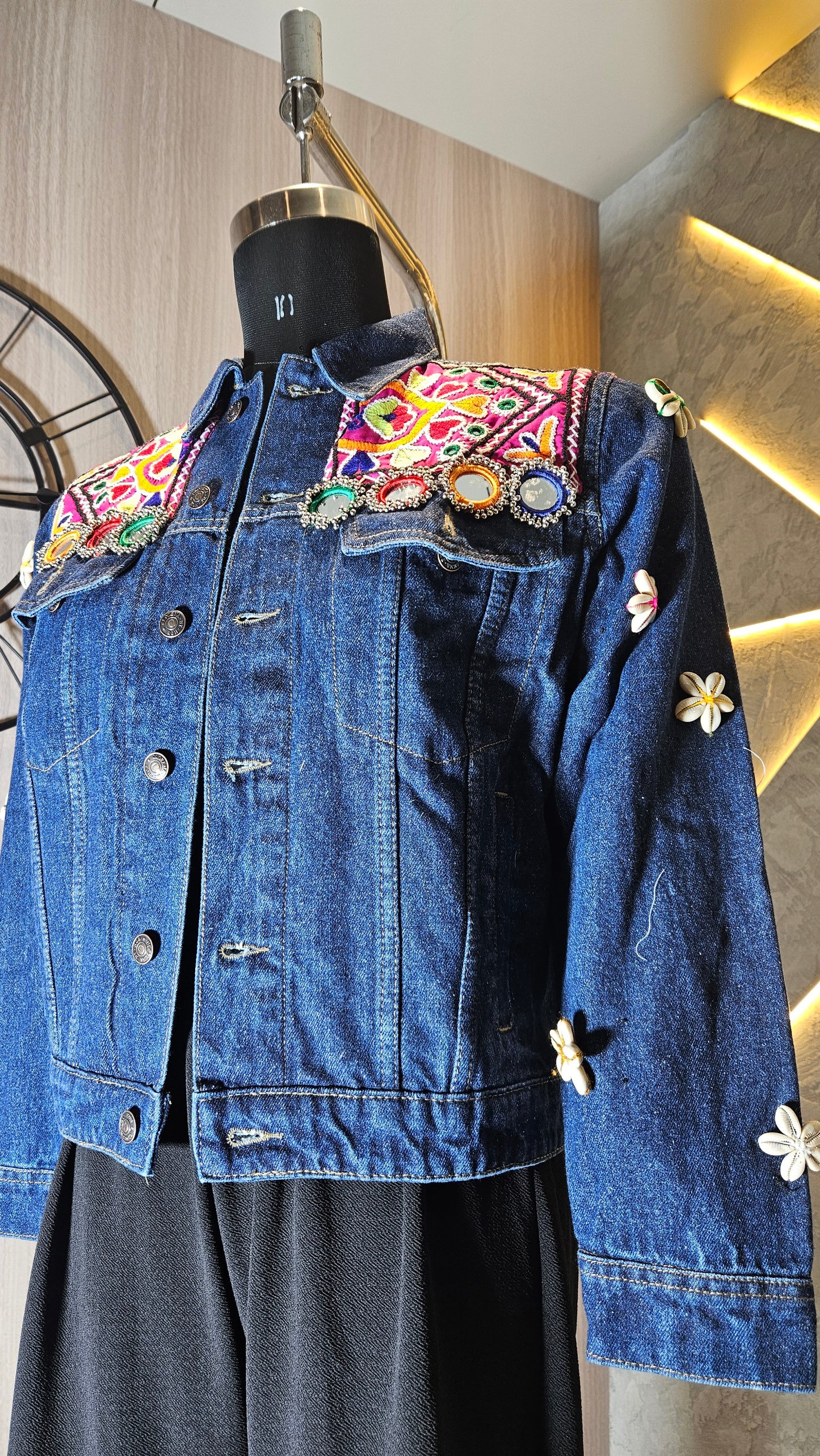 0158-J-HOB-Boho Chic Embroidered Denim Jacket with Mirror Work - Made in India