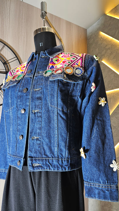 0158-J-HOB-Boho Chic Embroidered Denim Jacket with Mirror Work - Made in India