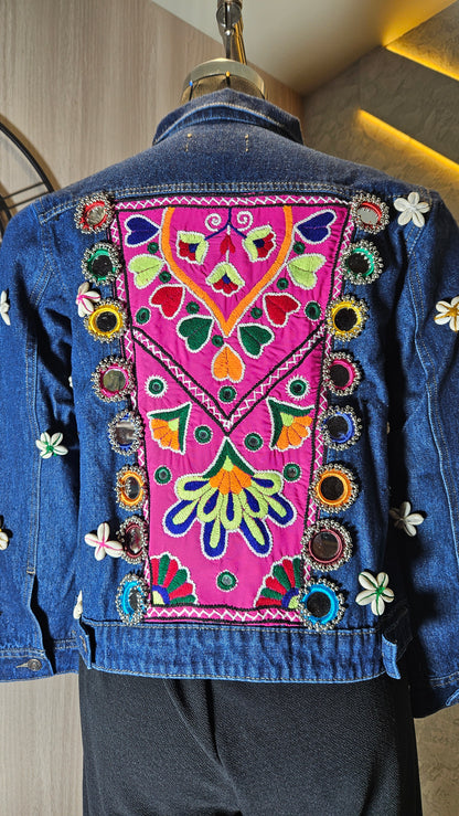 0158-J-HOB-Boho Chic Embroidered Denim Jacket with Mirror Work - Made in India