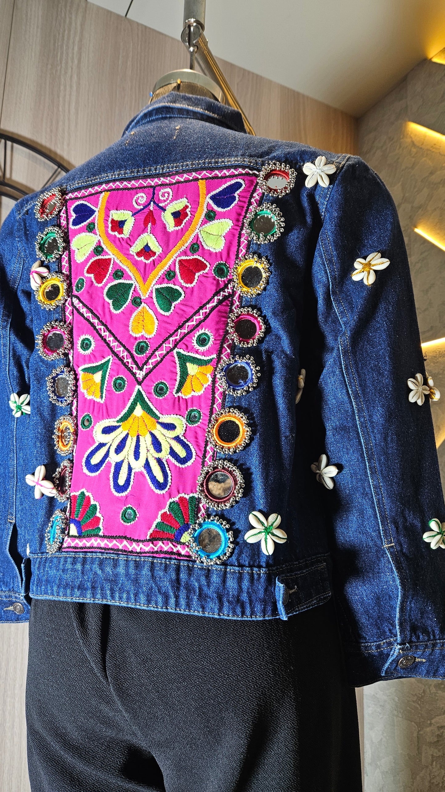 0158-J-HOB-Boho Chic Embroidered Denim Jacket with Mirror Work - Made in India