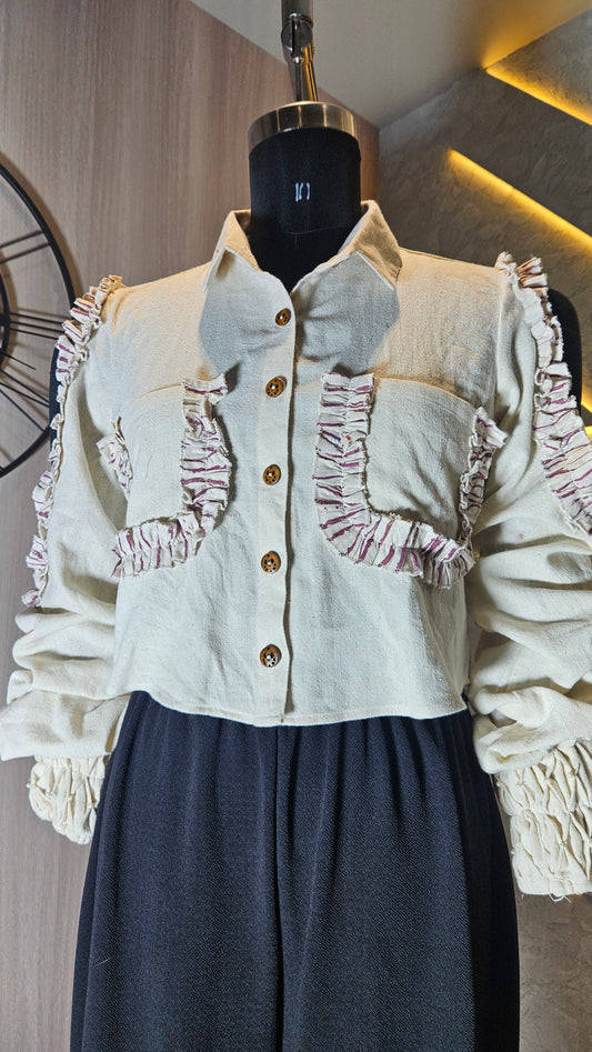 0159-S-HOB-Trendy Ruffled Button-Down Crop Top- Made in India