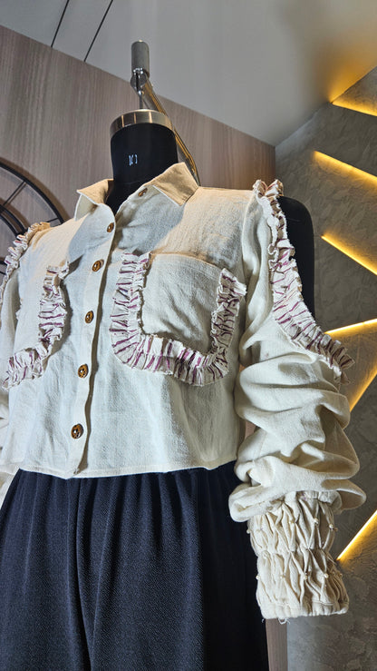 0159-S-HOB-Trendy Ruffled Button-Down Crop Top- Made in India