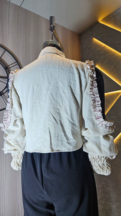 0159-S-HOB-Trendy Ruffled Button-Down Crop Top- Made in India