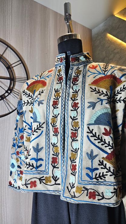 0160-J-HOB-Handcrafted Kashmiri Suede Embroidered Jacket - Made in India