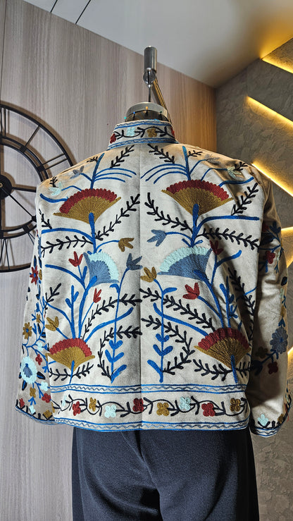 0160-J-HOB-Handcrafted Kashmiri Suede Embroidered Jacket - Made in India