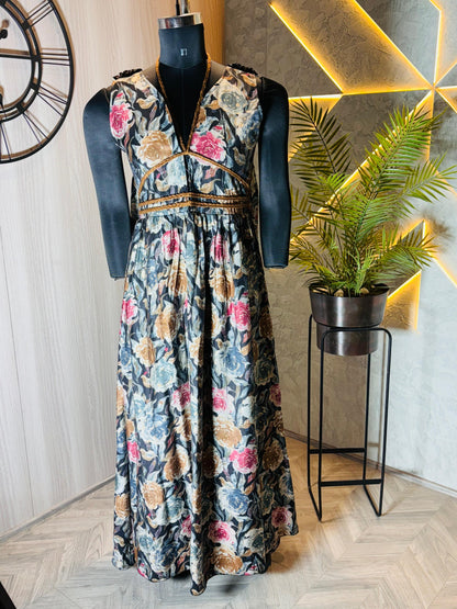 0225-D-HOB -Elegant Floral Maxi Dress – Handcrafted Indian Ethnic Wear - Made in india