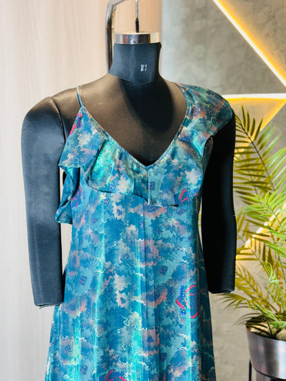 0226-D-HOB -Elegant One-Shoulder Ruffled Midi Dress with Artistic Print - Made in india