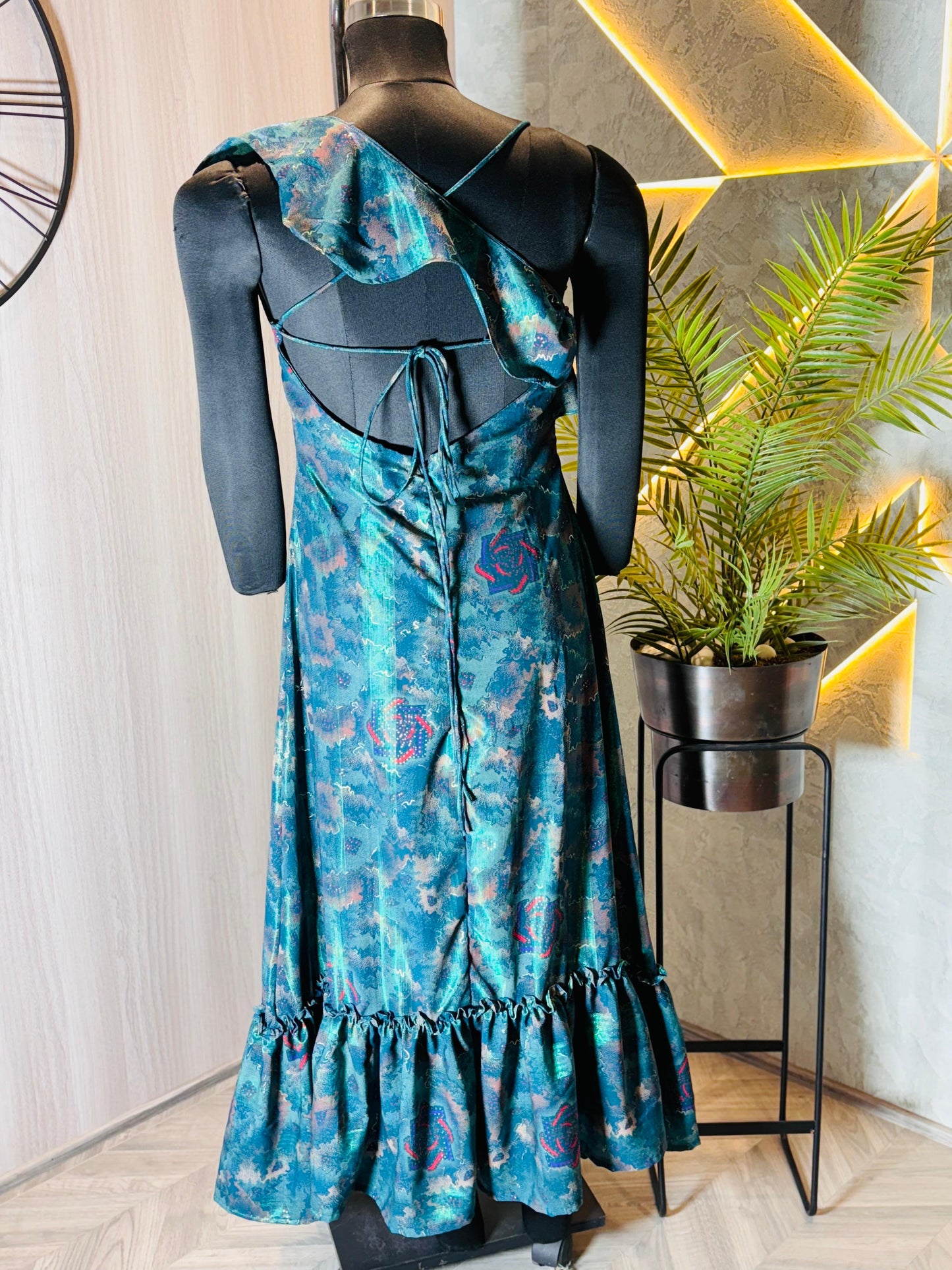 0226-D-HOB -Elegant One-Shoulder Ruffled Midi Dress with Artistic Print - Made in india