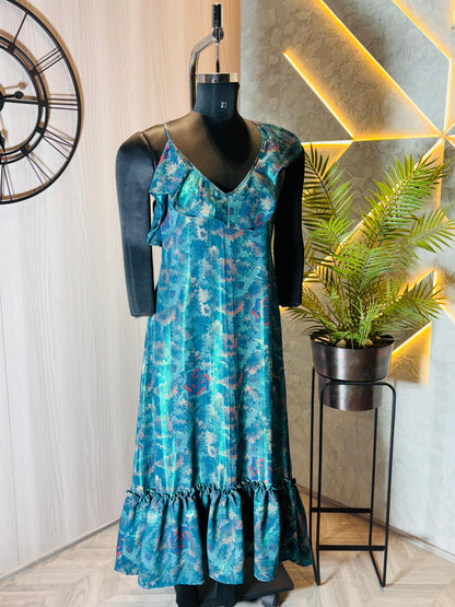 0226-D-HOB -Elegant One-Shoulder Ruffled Midi Dress with Artistic Print - Made in india