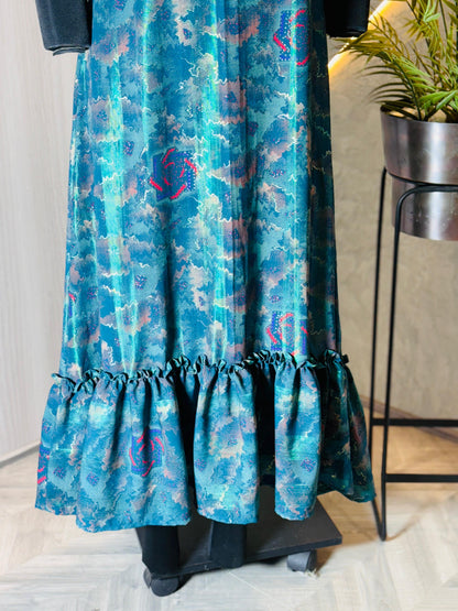 0226-D-HOB -Elegant One-Shoulder Ruffled Midi Dress with Artistic Print - Made in india