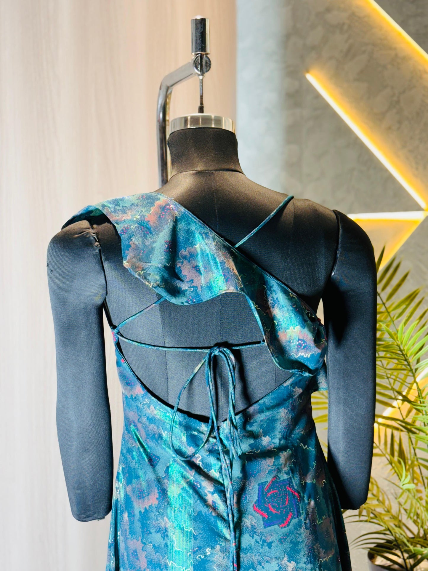 0226-D-HOB -Elegant One-Shoulder Ruffled Midi Dress with Artistic Print - Made in india