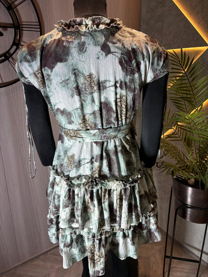 0227-D-HOB - Elegant Floral Ruffled Tiered Short Dress Top - Made in india