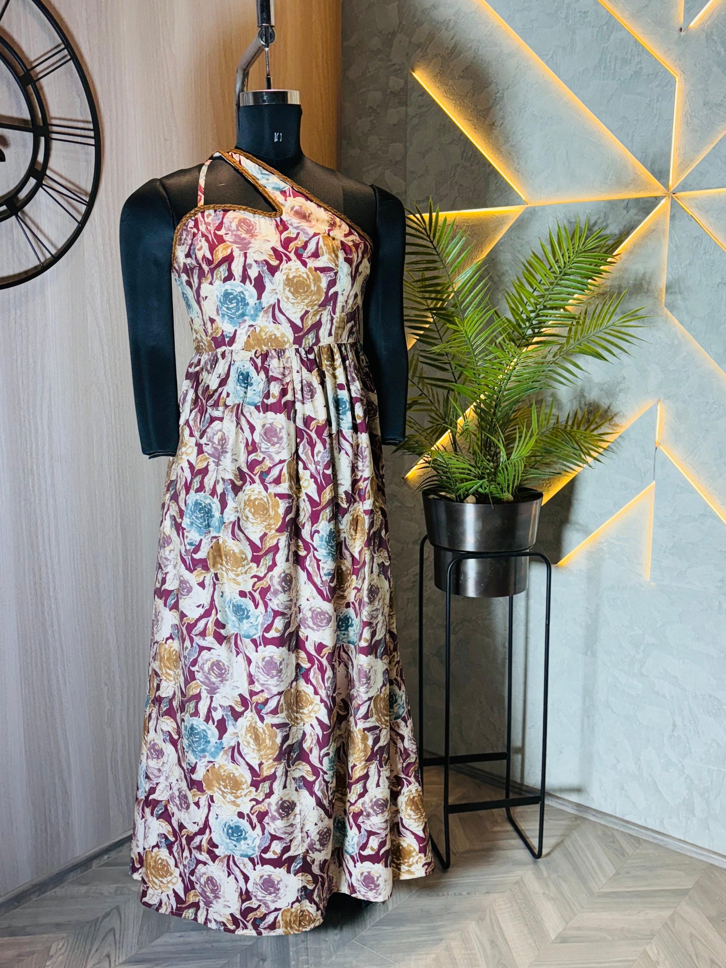 0228-D-HOB -Elegant Floral Printed One-Shoulder Maxi Dress - Made in india