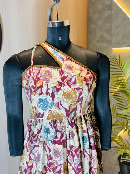 0228-D-HOB -Elegant Floral Printed One-Shoulder Maxi Dress - Made in india