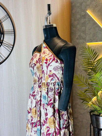 0228-D-HOB -Elegant Floral Printed One-Shoulder Maxi Dress - Made in india