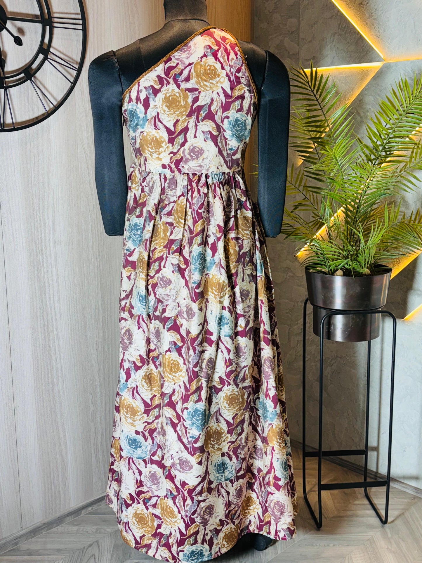 0228-D-HOB -Elegant Floral Printed One-Shoulder Maxi Dress - Made in india