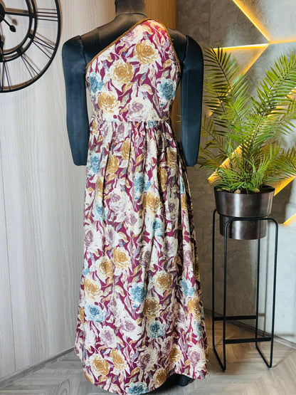 0228-D-HOB -Elegant Floral Printed One-Shoulder Maxi Dress - Made in india