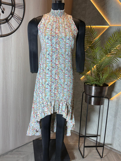 0229-D-HOB -Floral High-Neck Ruffle Hem Midi Dress - Made in india