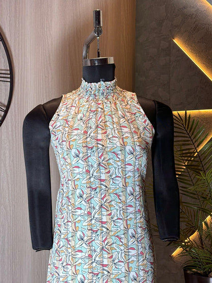 0229-D-HOB -Floral High-Neck Ruffle Hem Midi Dress - Made in india