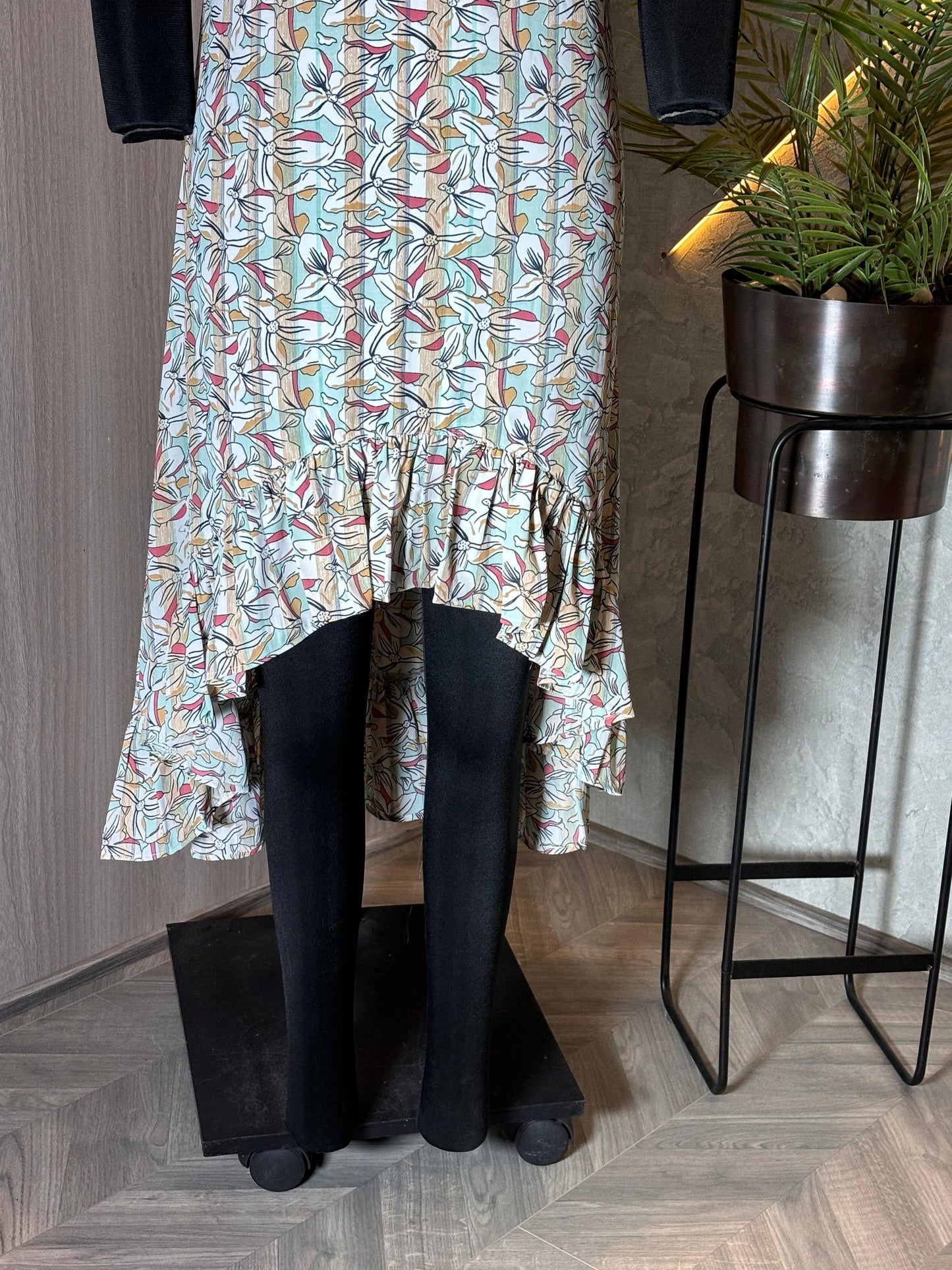 0229-D-HOB -Floral High-Neck Ruffle Hem Midi Dress - Made in india