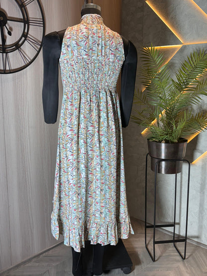 0229-D-HOB -Floral High-Neck Ruffle Hem Midi Dress - Made in india