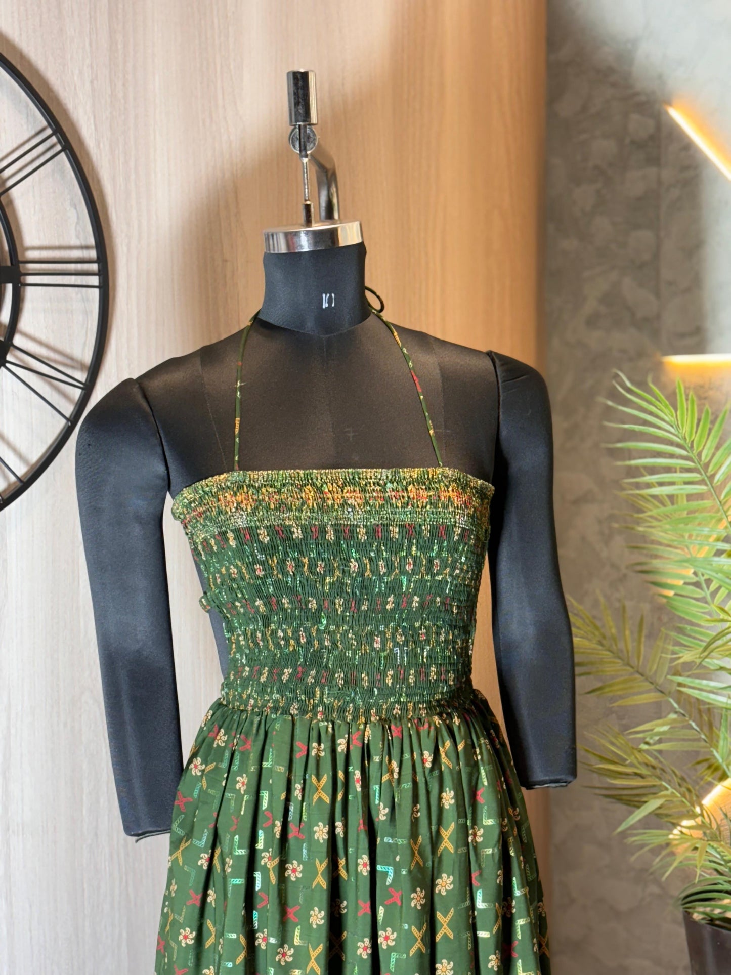 0230-D-HOB - Boho Chic Green Printed Smocked Crop Top – Indian Ethnic Style- Made in india