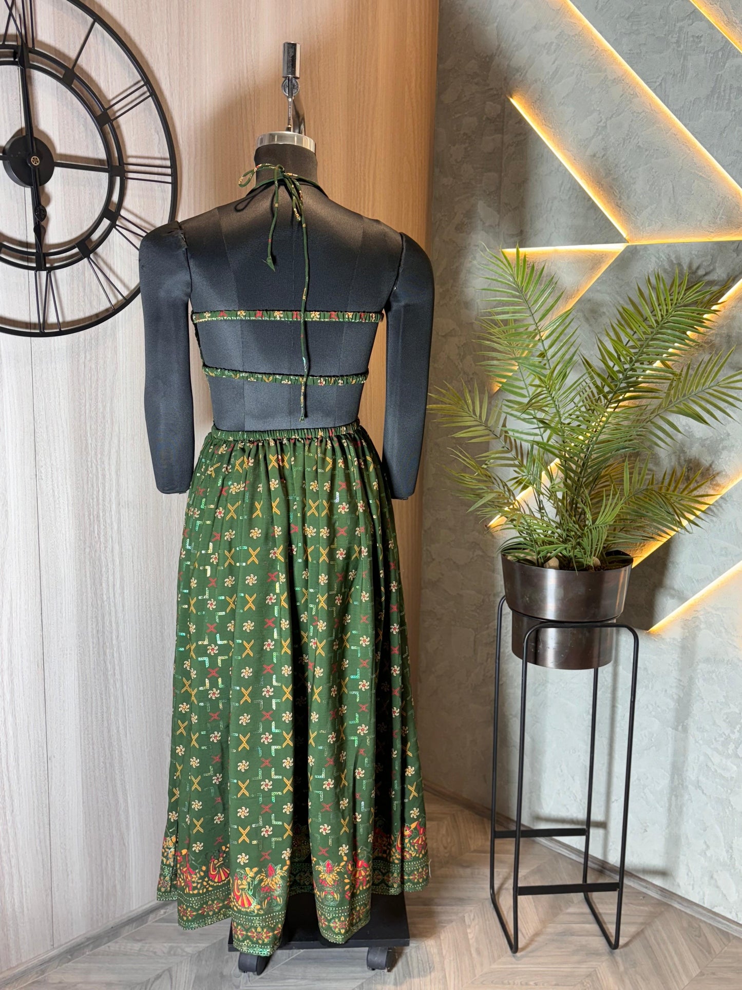 0230-D-HOB - Boho Chic Green Printed Smocked Crop Top – Indian Ethnic Style- Made in india