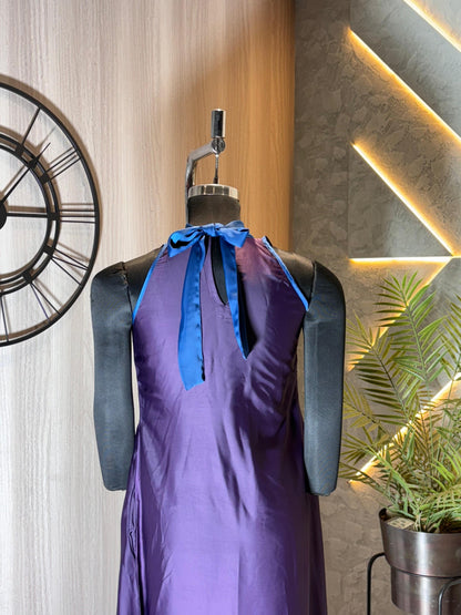 0231-D-HOB -Elegant cotton  Halter Neck Maxi Dress with Bow Tie – Purple & Blue - Made in india