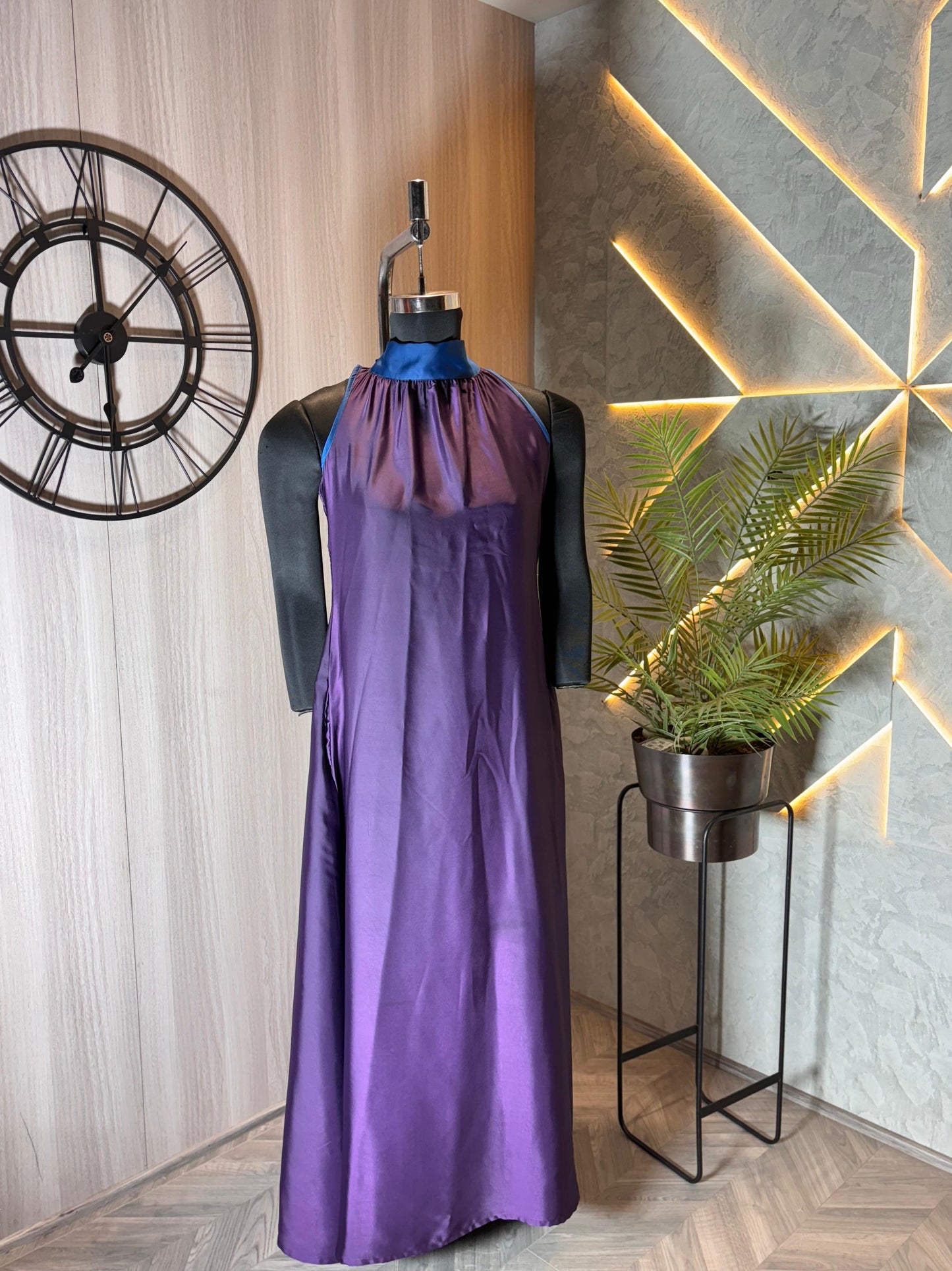 0231-D-HOB -Elegant cotton  Halter Neck Maxi Dress with Bow Tie – Purple & Blue - Made in india