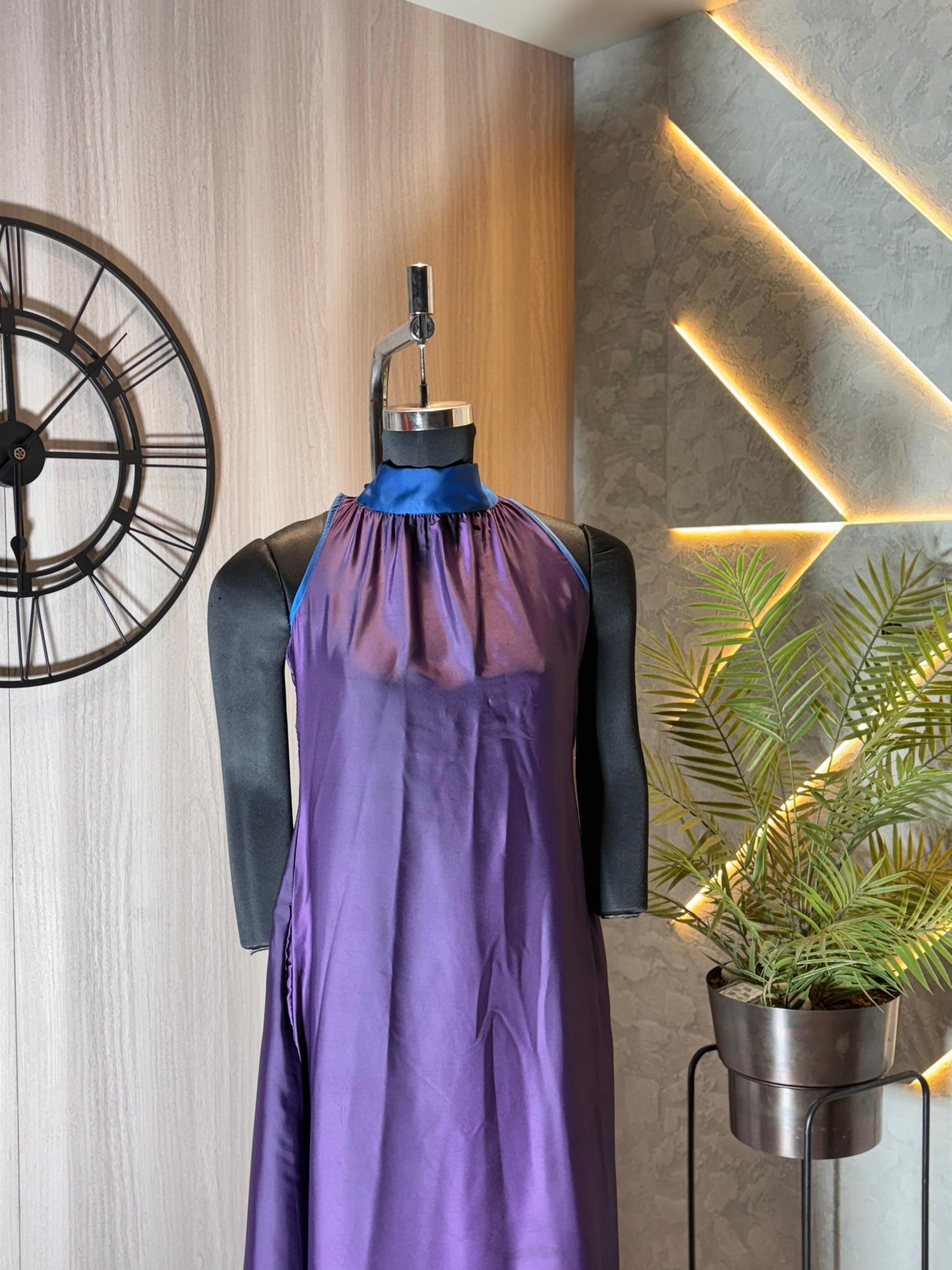 0231-D-HOB -Elegant cotton  Halter Neck Maxi Dress with Bow Tie – Purple & Blue - Made in india