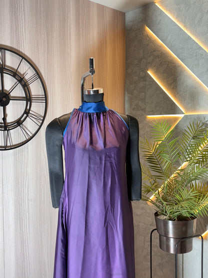 0231-D-HOB -Elegant cotton  Halter Neck Maxi Dress with Bow Tie – Purple & Blue - Made in india