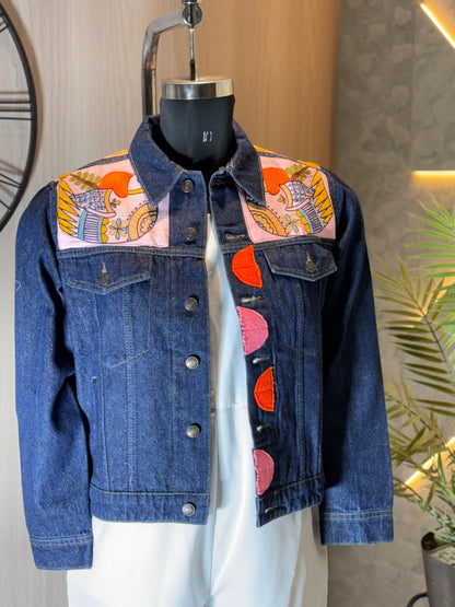 0145-J-HOB-Handcrafted Denim Jacket with Folk Art Bird Embroidery - Made in India