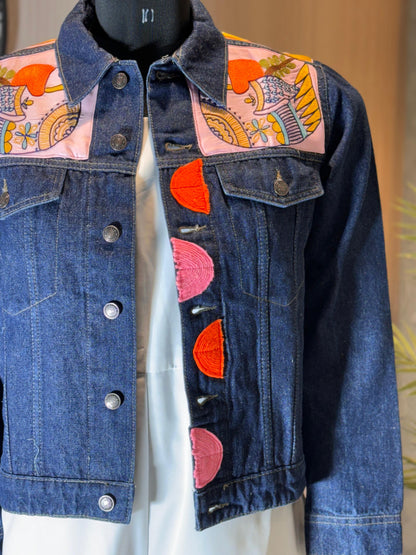 0145-J-HOB-Handcrafted Denim Jacket with Folk Art Bird Embroidery - Made in India
