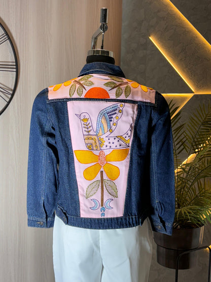 0145-J-HOB-Handcrafted Denim Jacket with Folk Art Bird Embroidery - Made in India