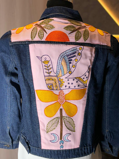 0145-J-HOB-Handcrafted Denim Jacket with Folk Art Bird Embroidery - Made in India