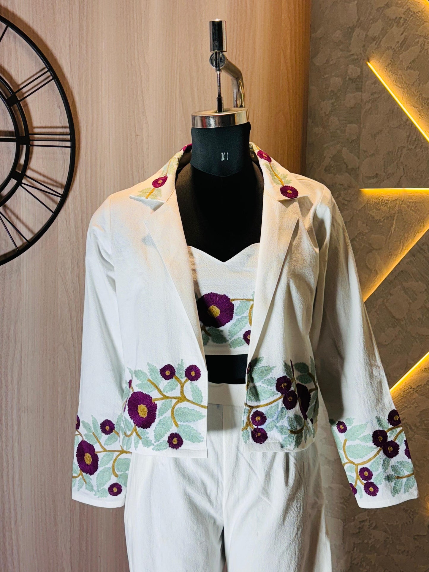 0218-C-HOB-Handcrafted White Cotton Embroidered Co-ord Set – 3 Piece (Jacket, Bustier & Trousers)- Made in india