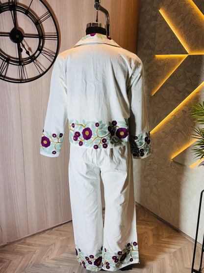 0218-C-HOB-Handcrafted White Cotton Embroidered Co-ord Set – 3 Piece (Jacket, Bustier & Trousers)- Made in india