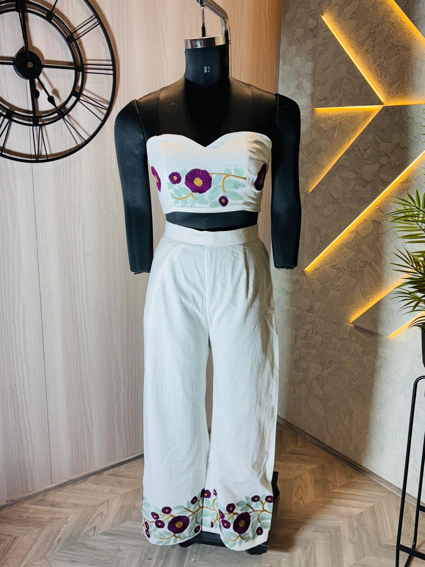0218-C-HOB-Handcrafted White Cotton Embroidered Co-ord Set – 3 Piece (Jacket, Bustier & Trousers)- Made in india