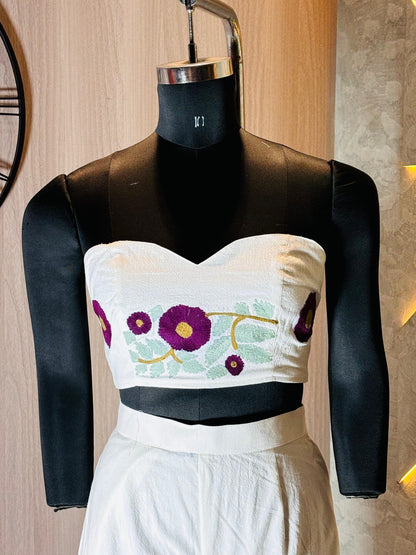 0218-C-HOB-Handcrafted White Cotton Embroidered Co-ord Set – 3 Piece (Jacket, Bustier & Trousers)- Made in india