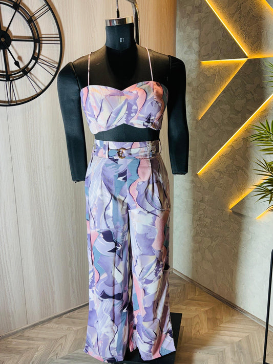 0219-C-HOB-Tropical Pastel Abstract Co-Ord Set – Women's Crop Top & Wide-Leg Pants- Made in india