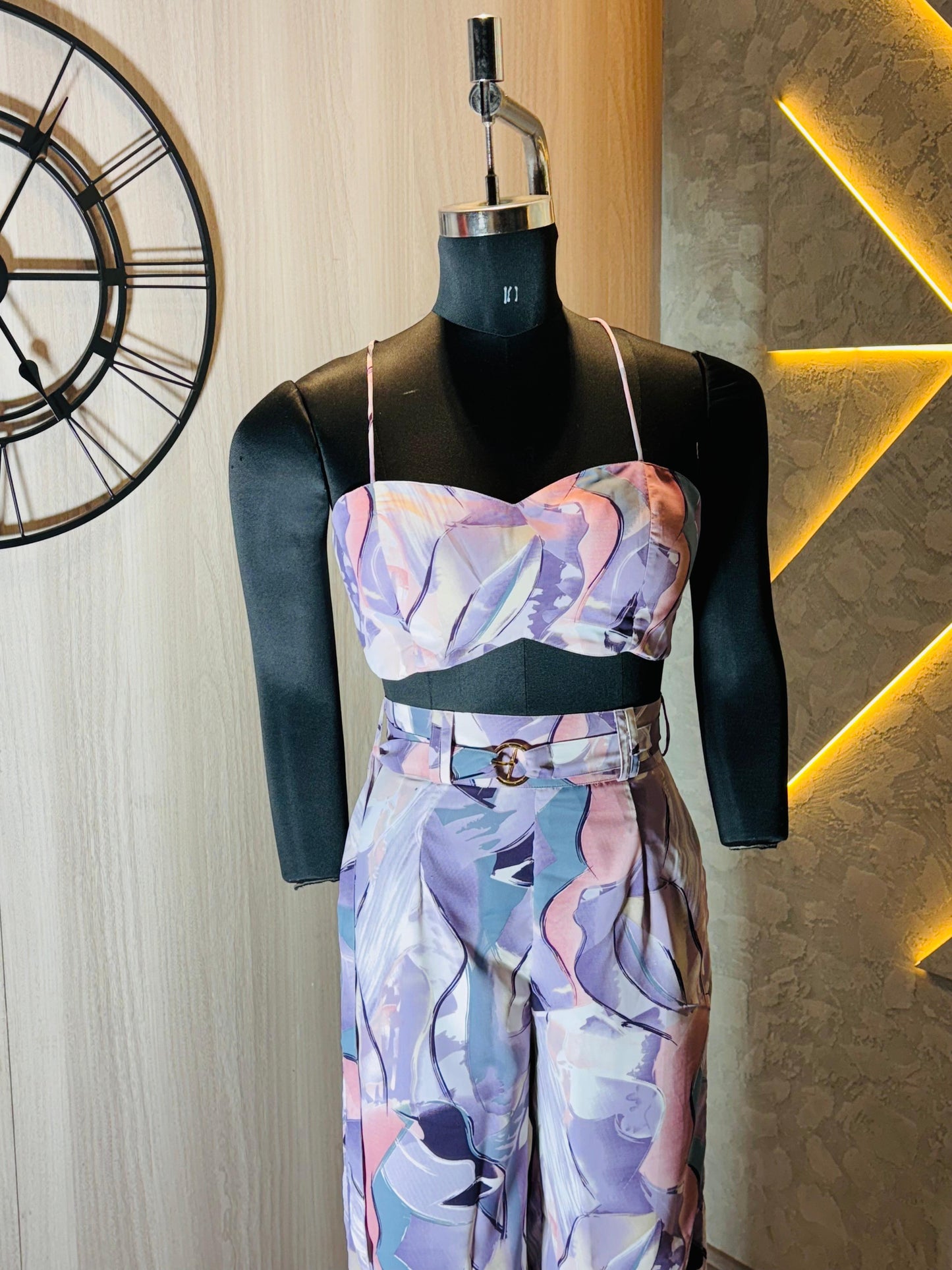 0219-C-HOB-Tropical Pastel Abstract Co-Ord Set – Women's Crop Top & Wide-Leg Pants- Made in india