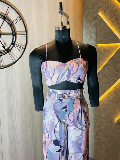 0219-C-HOB-Tropical Pastel Abstract Co-Ord Set – Women's Crop Top & Wide-Leg Pants- Made in india