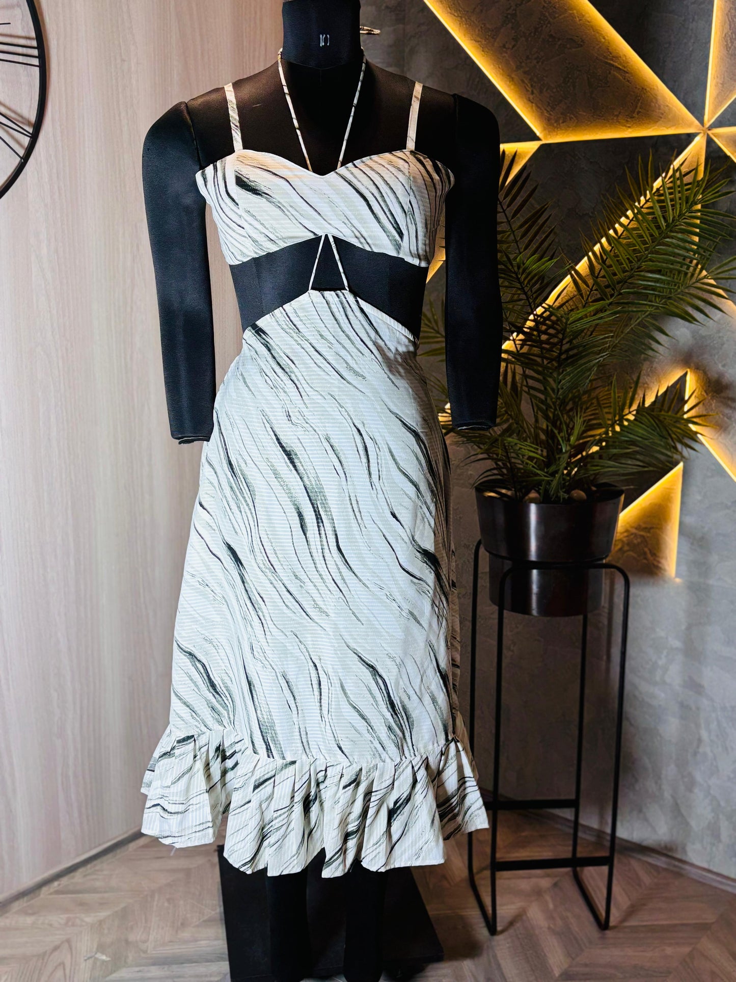 0221-C-HOB -Monochrome Breeze Cut-Out Midi Dress - Made in india