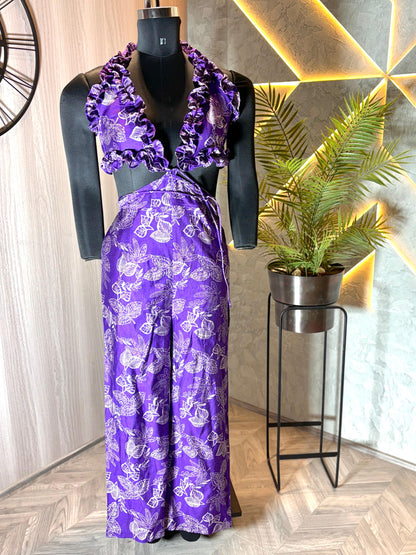 0222-C-HOB -Tropical Ruffle Halter Top & Palazzo Set – Purple Floral Print - Made in india