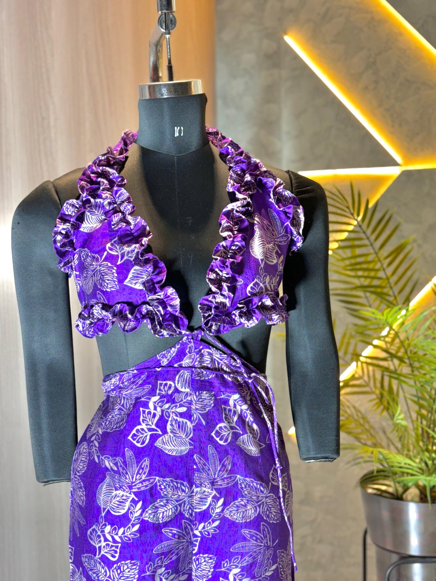 0222-C-HOB -Tropical Ruffle Halter Top & Palazzo Set – Purple Floral Print - Made in india