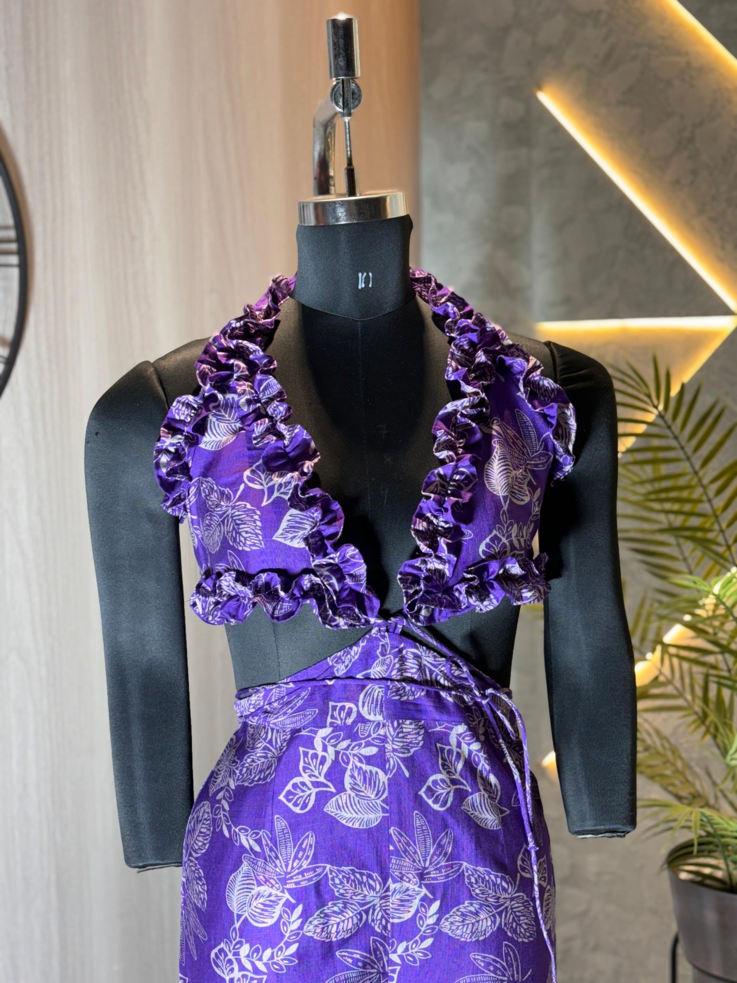 0222-C-HOB -Tropical Ruffle Halter Top & Palazzo Set – Purple Floral Print - Made in india