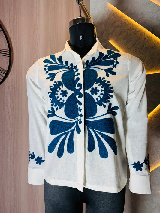 0213-S-HOB- Handcrafted Cotton Shirt with Traditional Blue Embroidery – White- Made in india