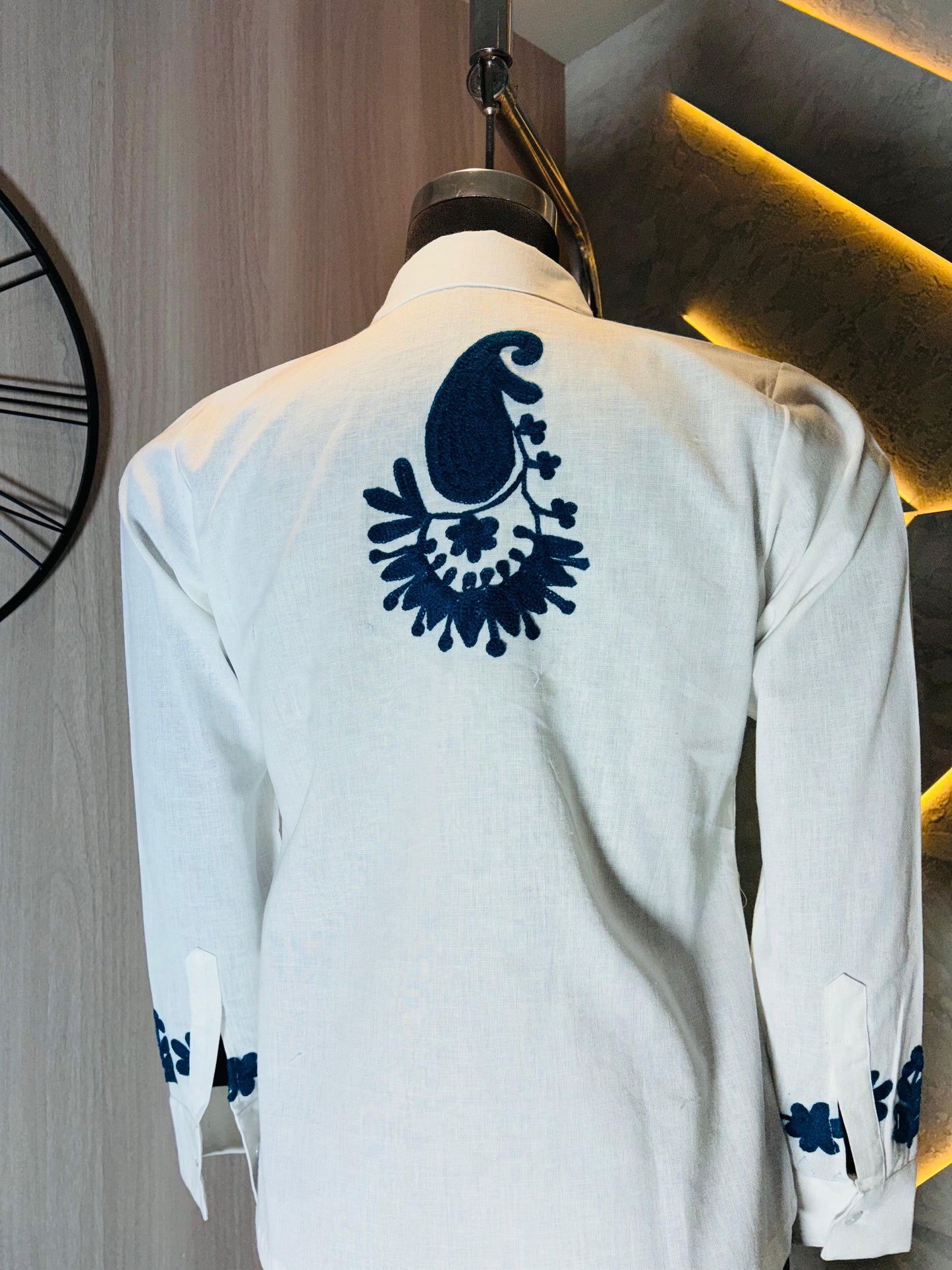 0213-S-HOB- Handcrafted Cotton Shirt with Traditional Blue Embroidery – White- Made in india