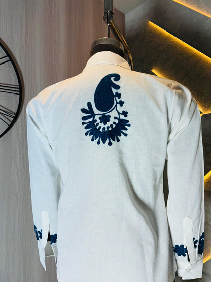 0213-S-HOB- Handcrafted Cotton Shirt with Traditional Blue Embroidery – White- Made in india